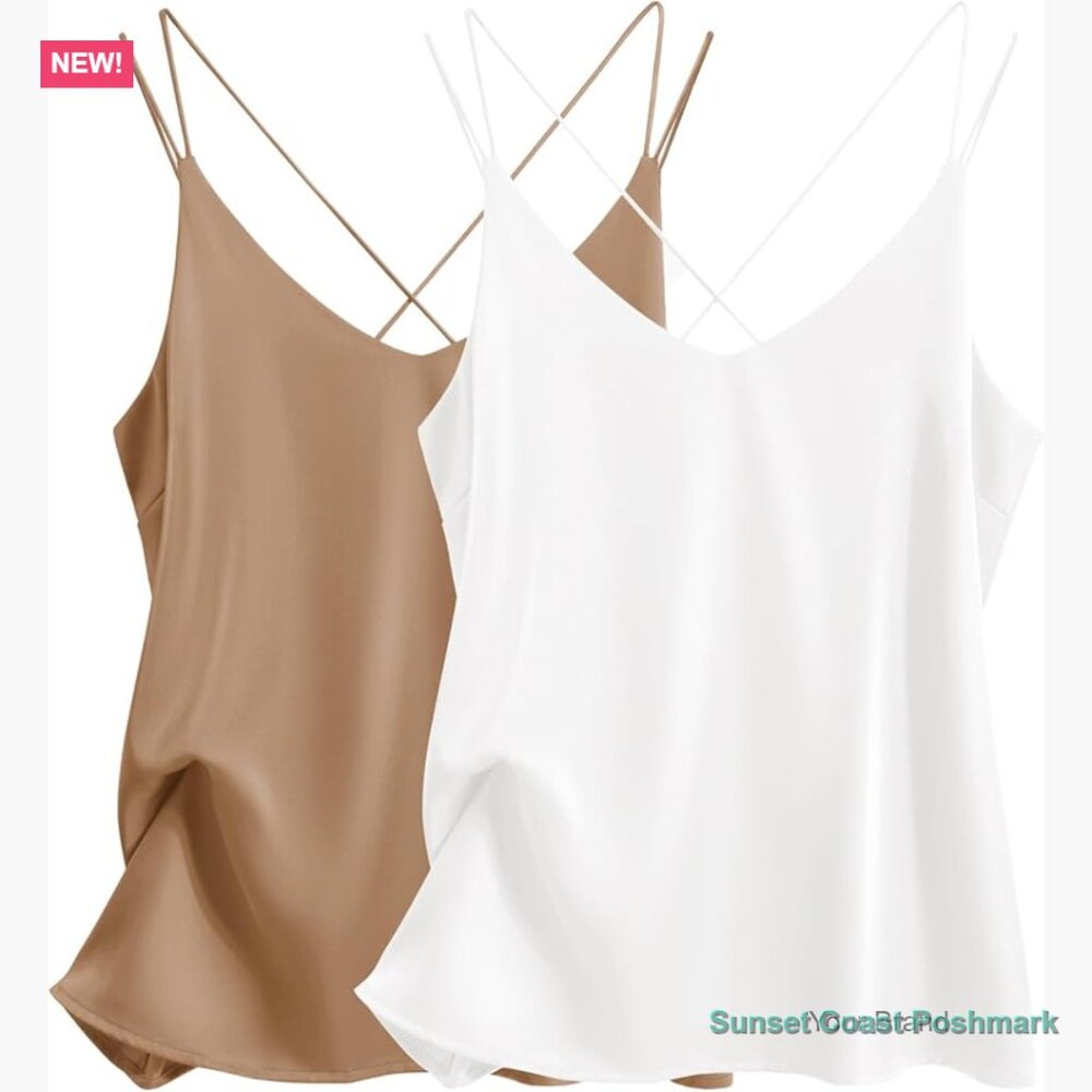 Silk Satin Camisole Tank Top V Neck Cross Back Spaghetti Strap